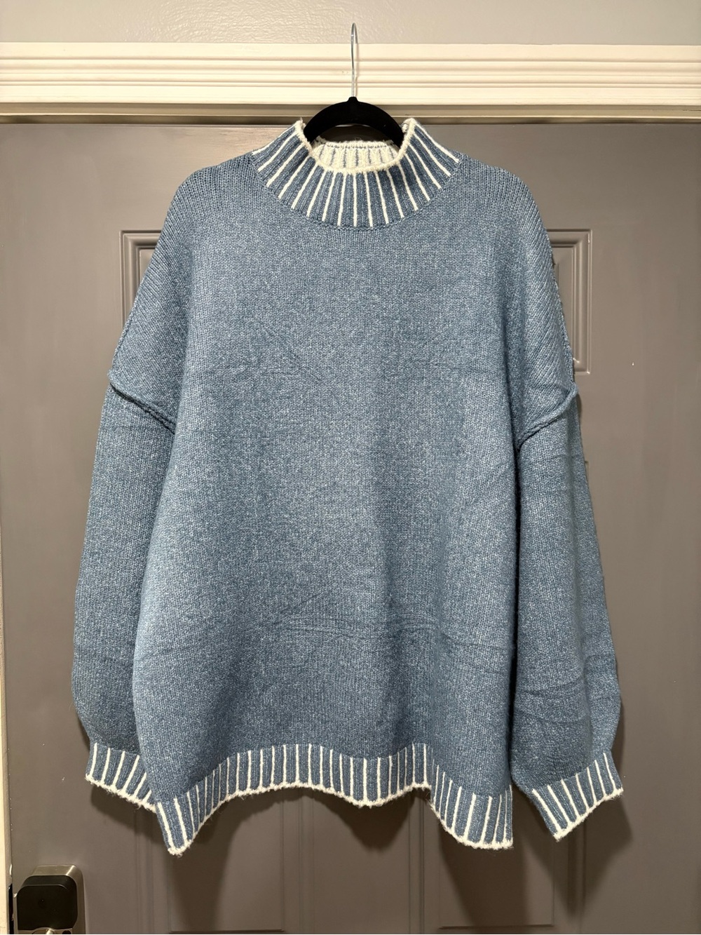 Blue Knit Sweater with Cream Trim
